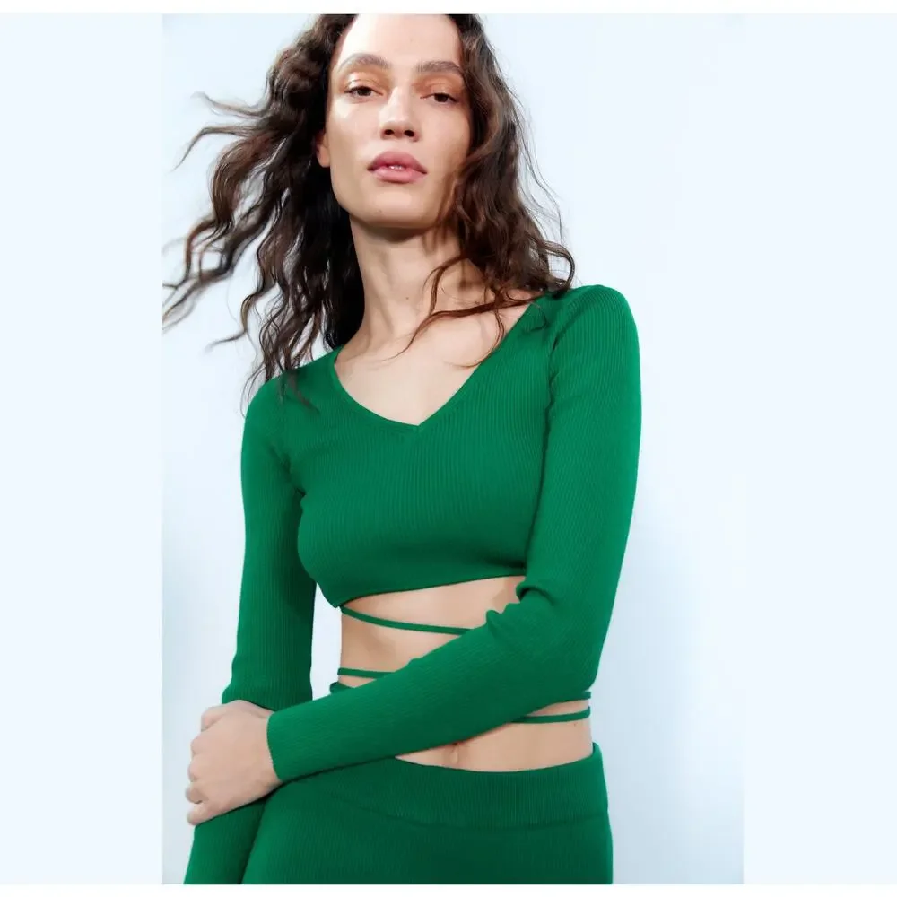 Zara NWT Green Knit Wrap Tie Waist Long Sleeve Crop Top L